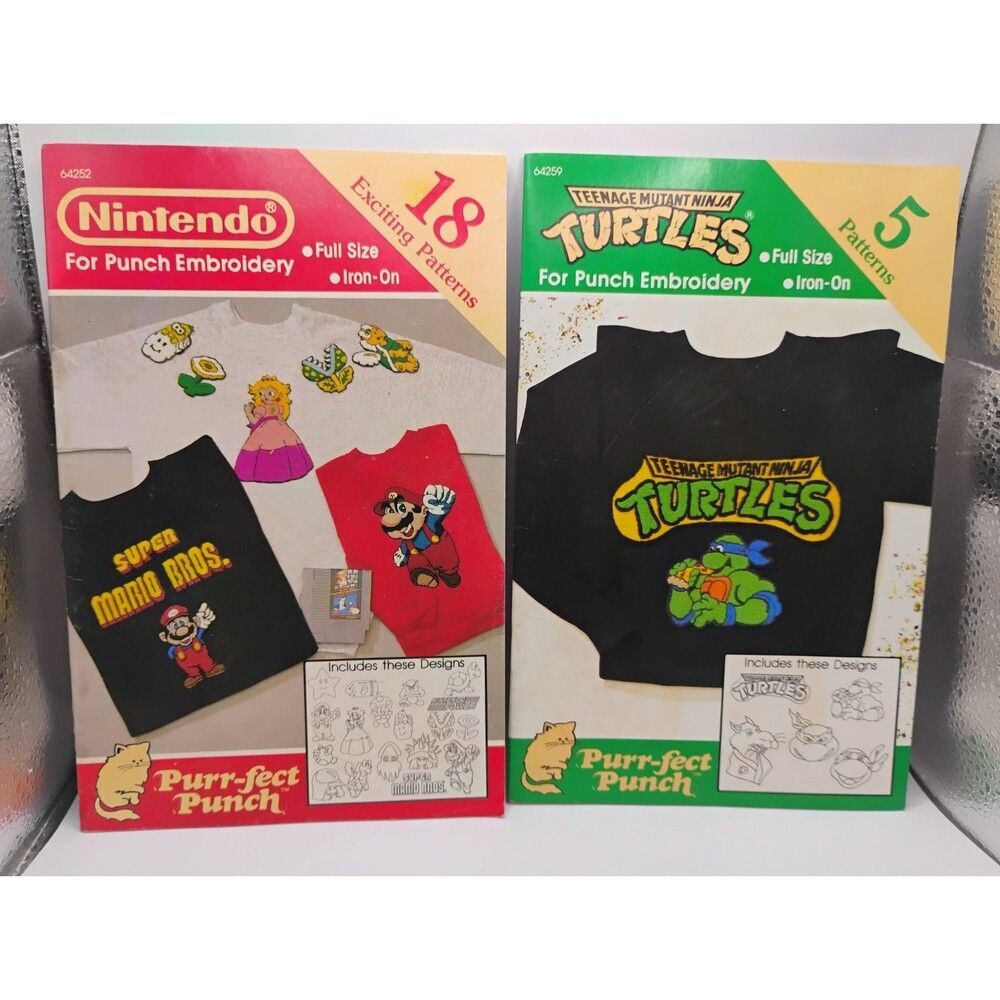 2) 1990 Vintage Nintendo Purr-fect Punch Embroidery Patterns 64252 TMNT 64259